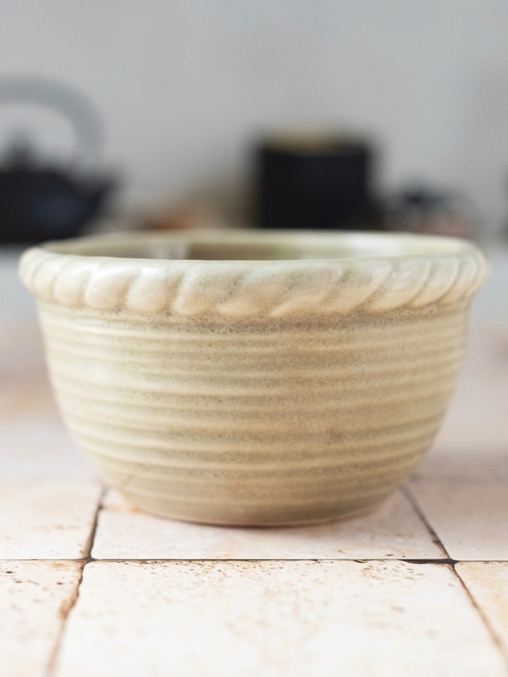 Pottery twisted rope ribbed green tan mini small bowl farmhouse planter 4" x 2"